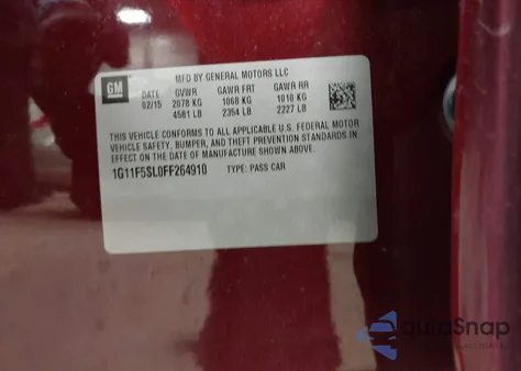 2015 Chevrolet Malibu 1Lz из США, поврежденный, VIN 1G11F5SL0FF264910